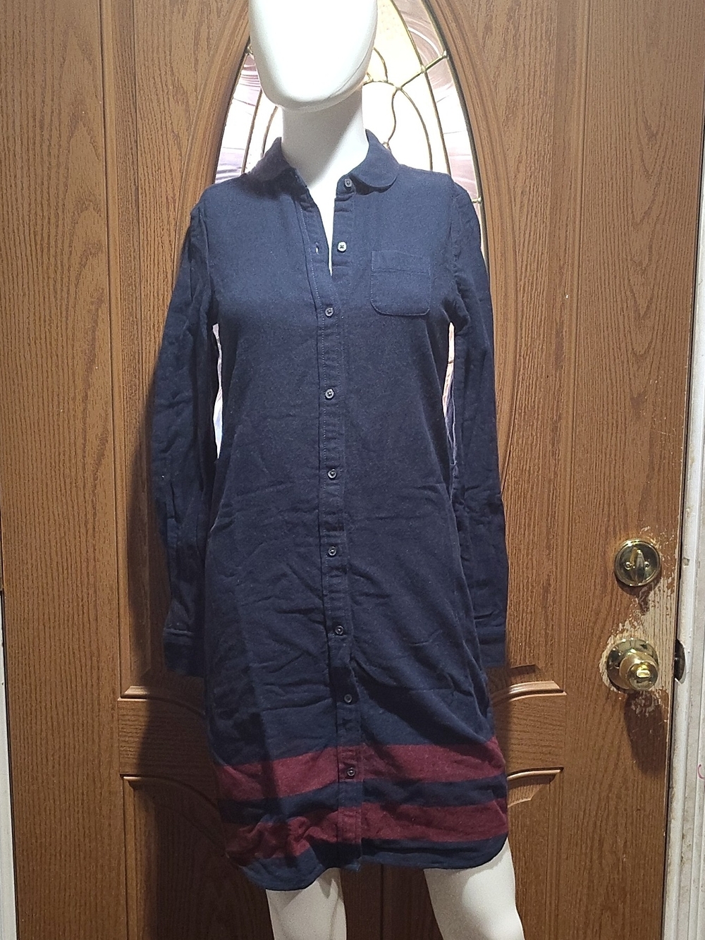 Tommy Hilfiger Navy Long-Sleeve Button-Front Dress with Burgundy Hem Stripes
